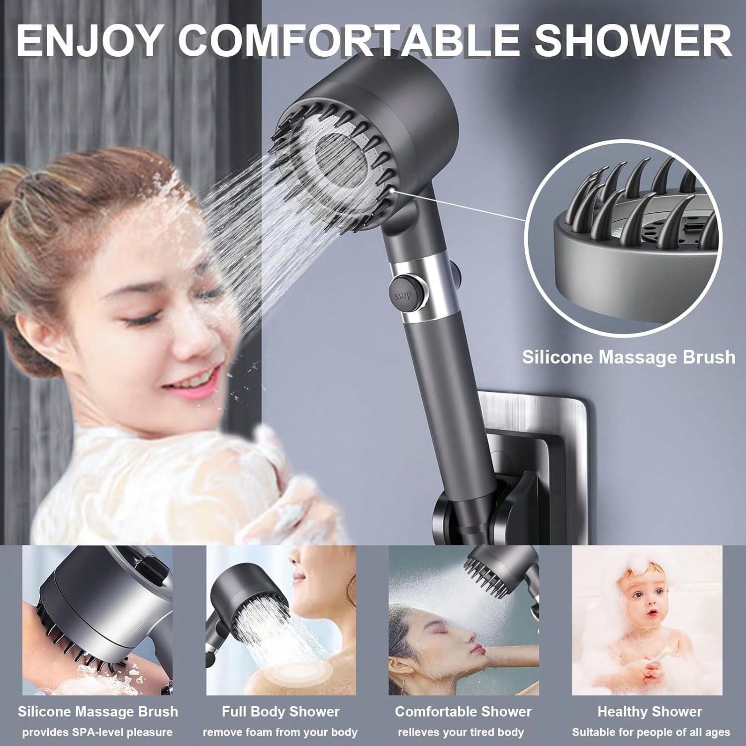 High Pressure Shower Head Handheld - หัวฝักบัวแรงดันสูงแบบถือมือพร้อมตัวกรอง 5 ชิ้น, ปรับได้ 3 ระดับ,
