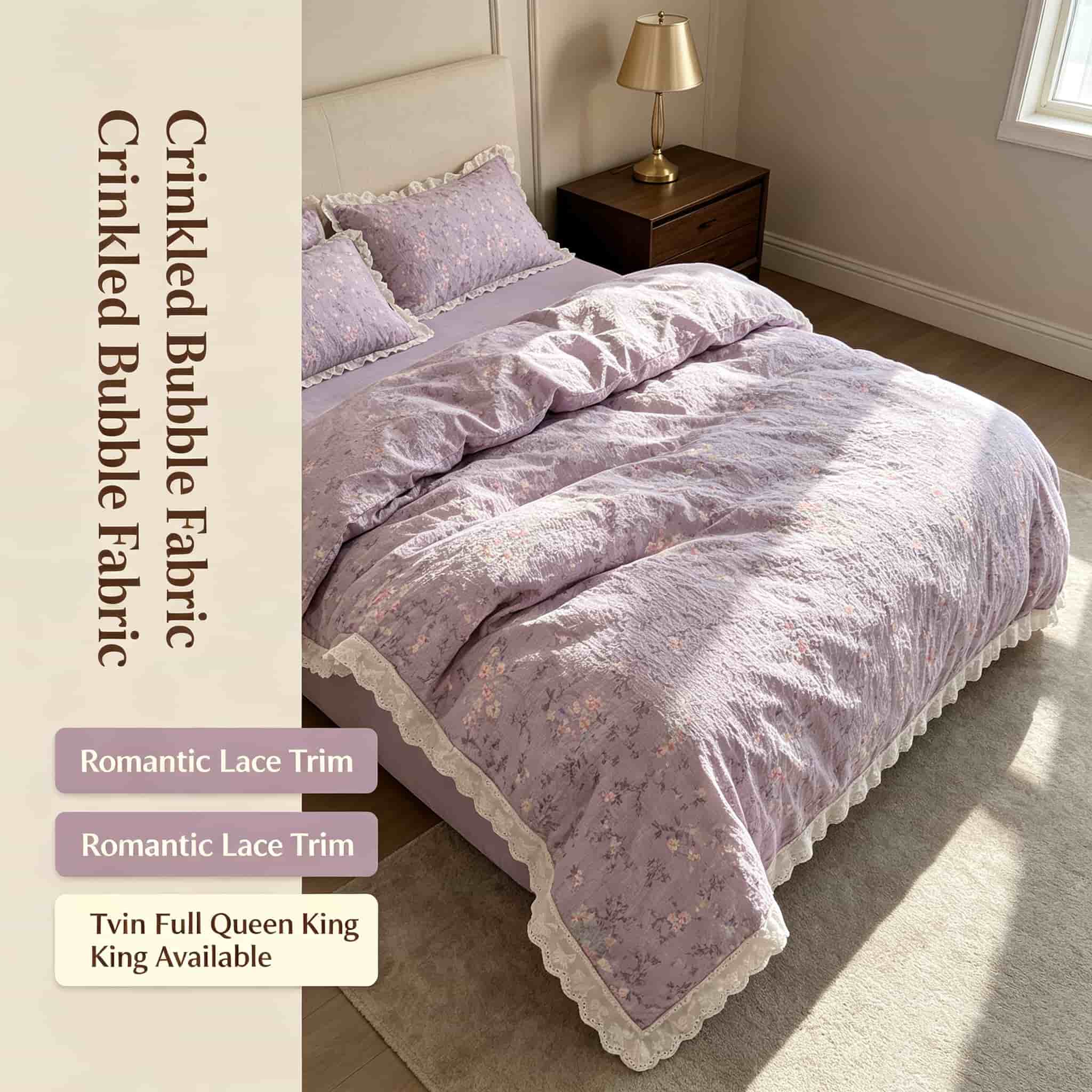 Aesthetic Floral Duvet Cover - ชุดเครื่องนอนลายดอกไม้ประดับลูกไม้ระบาย, ปลอกผ้านวมผ้าเนื้อหยาบสีม่วง, ชุดเครื่องนอนน่ารัก, ชุดเครื่องนอนสไตล์สวยงาม