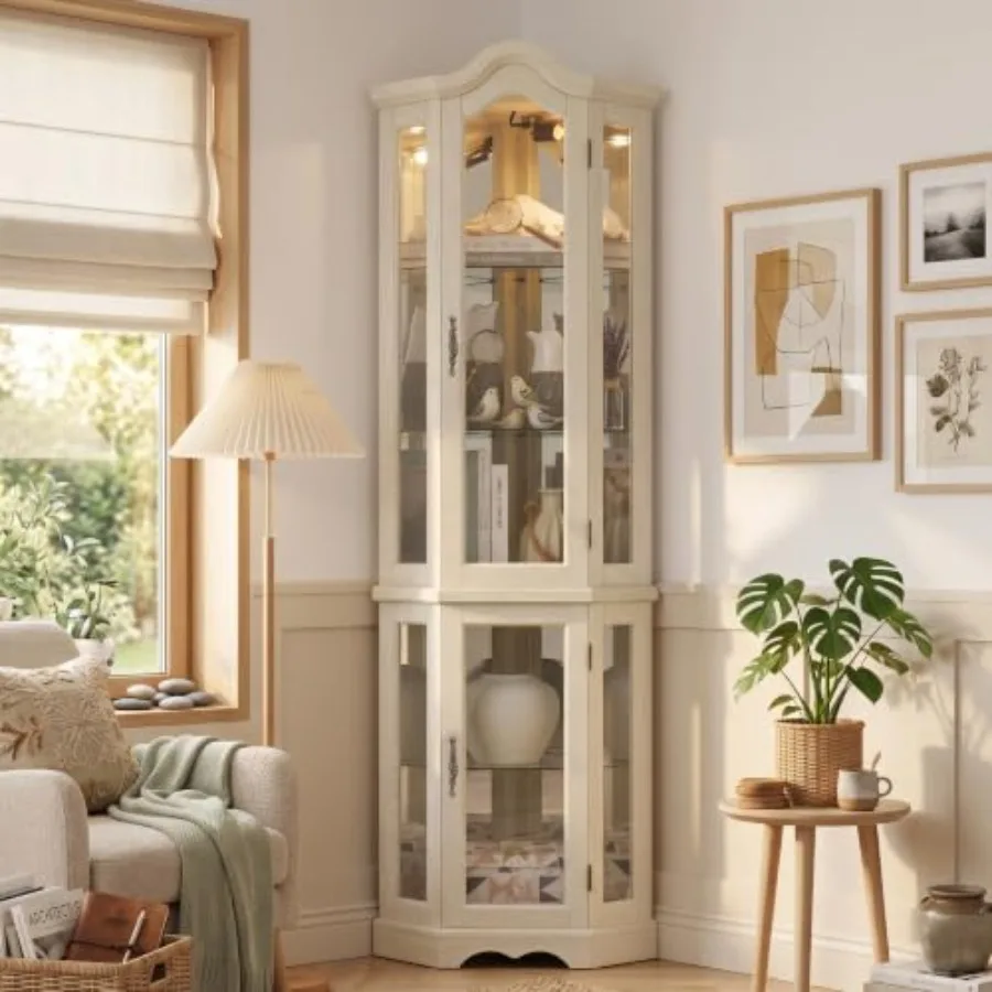 Storage & Organization - ตู้โชว์มุมสำหรับบาร์และเก็บเครื่องดื่มแอลกอฮอล์ ตู้โชว์กระจกมีไฟในตัว ดีไซน์ไม้สีอ่อน พร้อมกระจกนิรภัยปรับระดับได้ 5 บาน