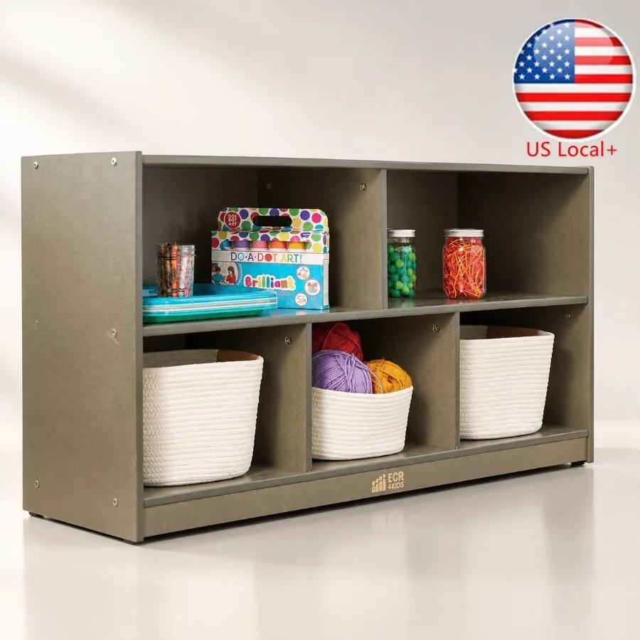 Storage & Organization - ตู้เก็บของแบบเคลื่อนย้ายได้ 5 ช่อง สำหรับเด็กเล็กและใช้ในห้องเรียน สีเทาแบบวอช โครงสร้างทำจากไม้ที่แข็งแรงทนทาน