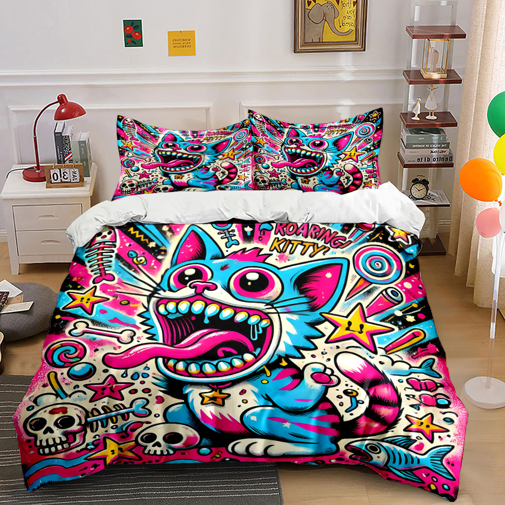Duvet Cover Sets With Zipper - ชุดผ้าห่มลายแมวคำรามสไตล์ป๊อปกราฟฟิตี้ พิมพ์ลายดิจิตอล สีสันสดใส ผลิตจากโพลีเอสเตอร์ พร้อมซิปปิด เหมาะสำหรับเป็นของขวัญ